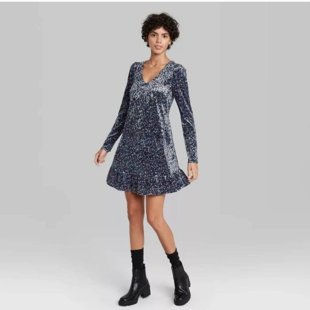 -Wild Fable Navy Patterned Long Sleeve Dress